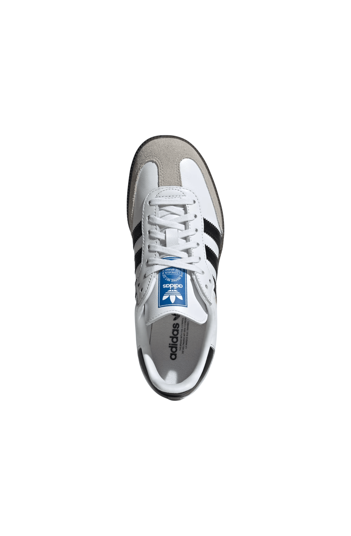 Kids' Adidas Samba OG sneaker, front view with white laces and black heel stripe