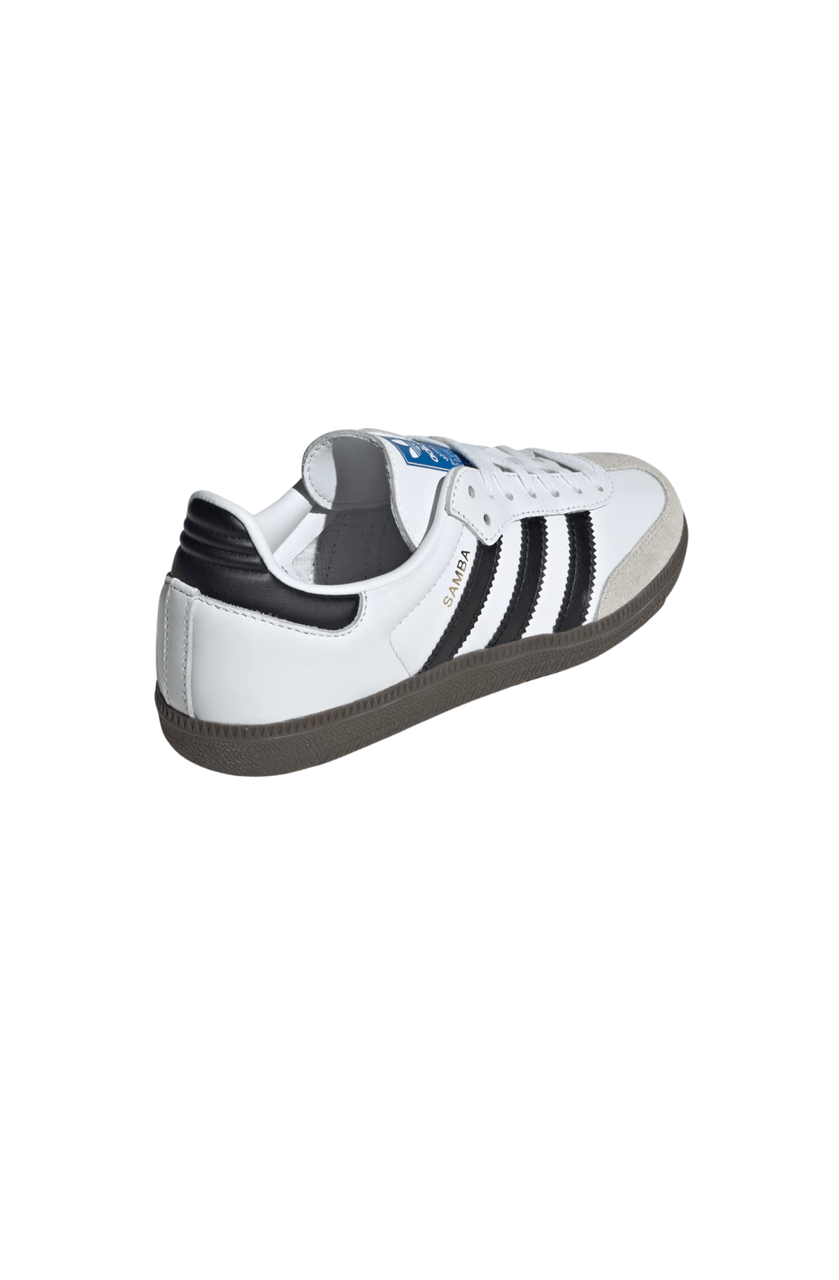 Kids' Adidas Samba OG sneaker, back view in white with black heel and gum sole