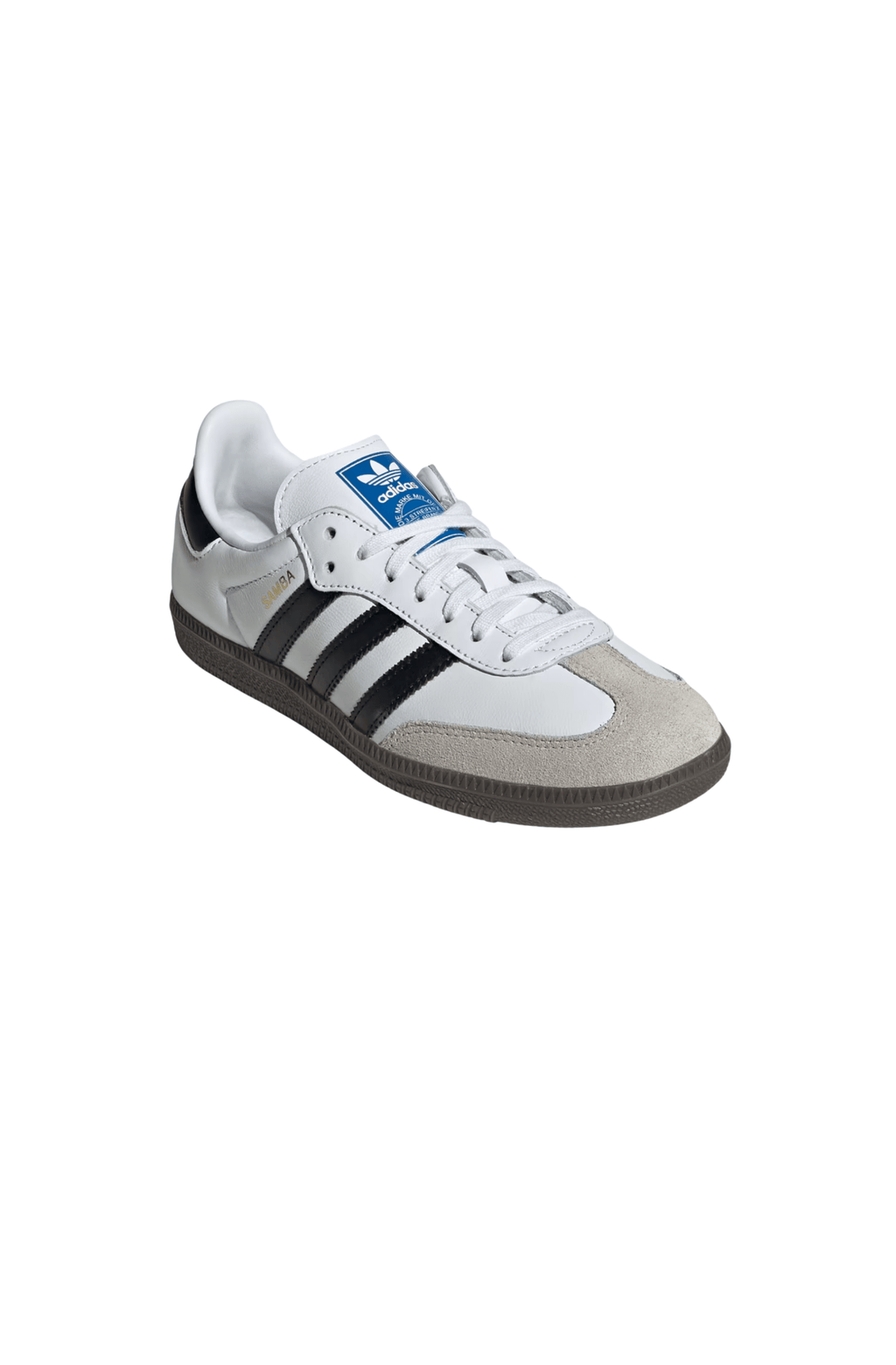 Kids' Adidas Samba OG sneaker, side view in white with black stripes and gum sole
