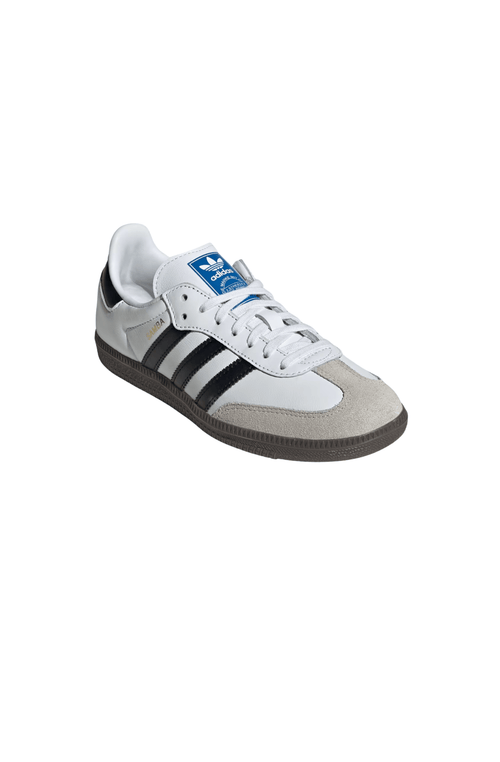 Kids' Adidas Samba OG sneaker, side view in white with black stripes and gum sole