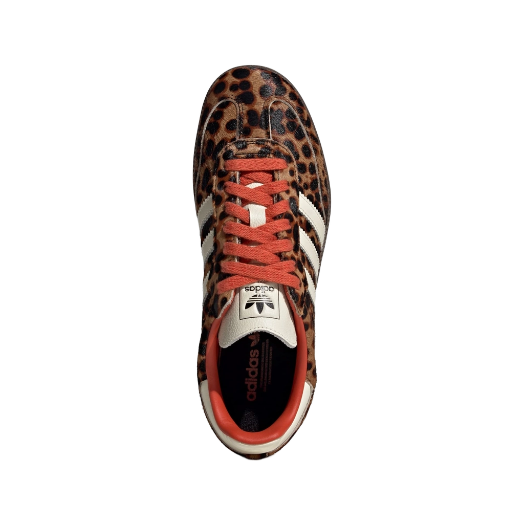 Adidas Samba OG women's leopard-print low-top sneaker with red laces and white heel logo