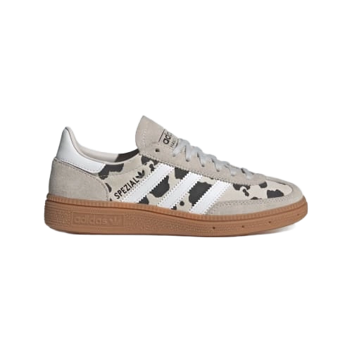 Kids' Adidas Handball Spezial sneaker, side view; grey suede, white stripes, gum outsole.