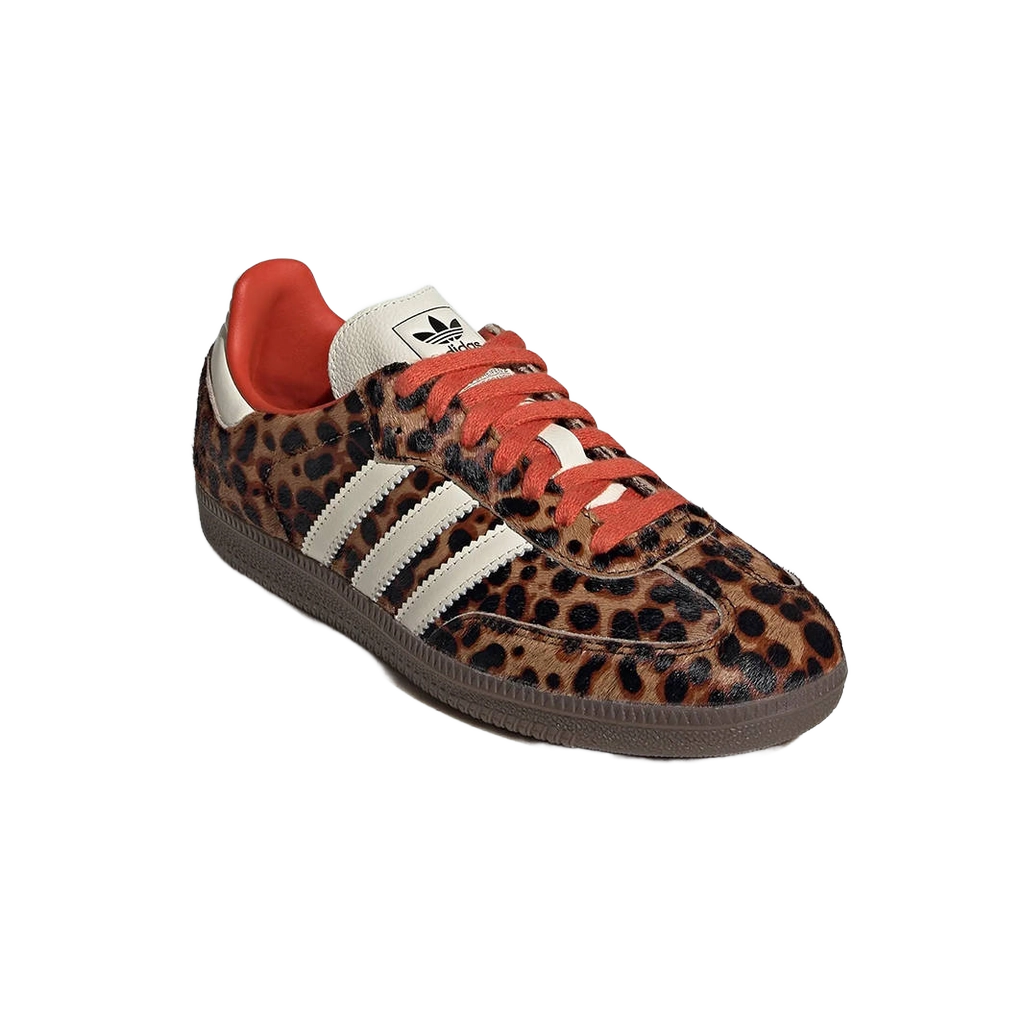 Adidas Samba OG women's leopard-print sneakers with red lace-up and white three-stripe details