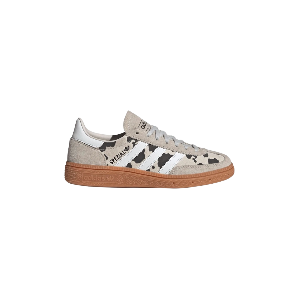 Kids' Adidas Handball Spezial sneakers, grey with white stripes, gum sole, cow-print panels.