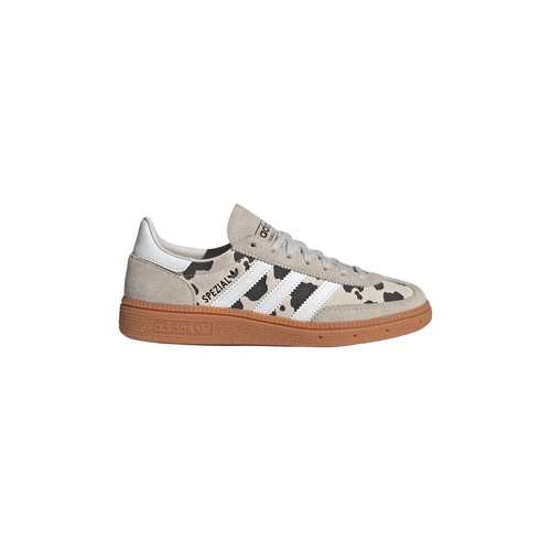 Kids' Adidas Handball Spezial sneakers, grey with white stripes, gum sole, cow-print panels.