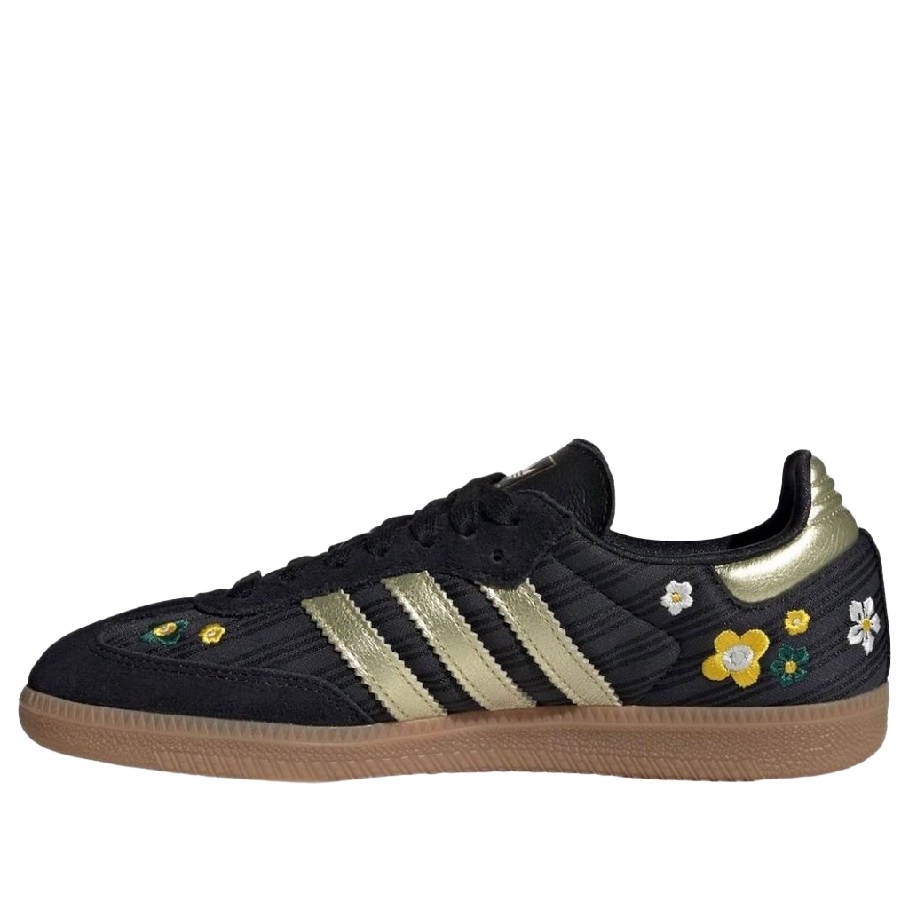Adidas Samba OG shoes, black with gold metallic stripes, flower graphics, gum sole