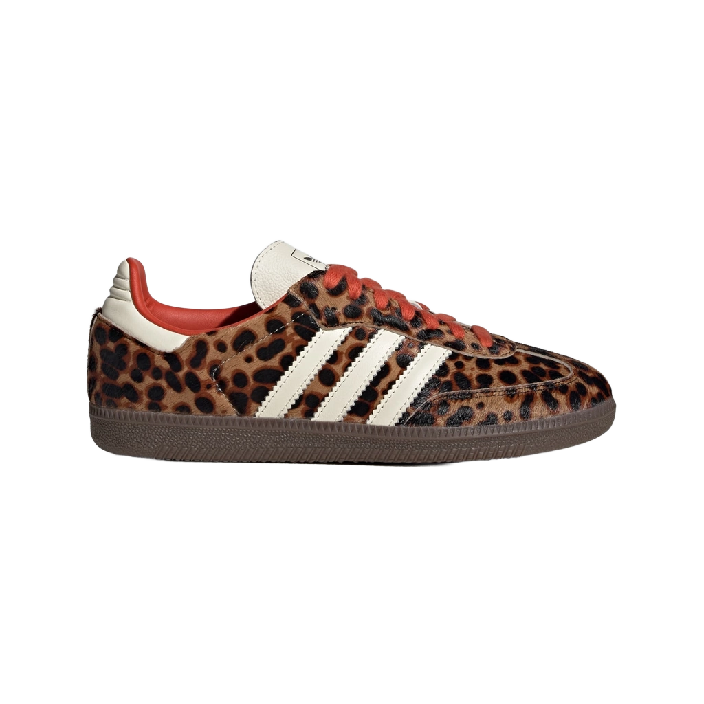 Adidas Samba OG women's leopard-print sneakers with red laces, white stripes, dark sole