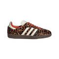 Adidas Samba OG women's leopard-print sneakers with red laces, white stripes, dark sole