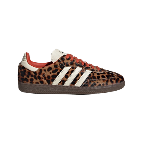 Adidas Samba OG women's leopard-print sneakers with red laces, white stripes, dark sole