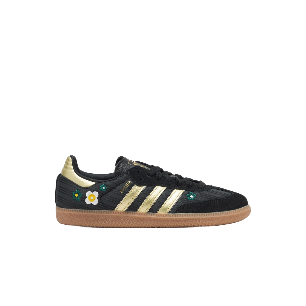 Adidas Samba OG women's shoes, black with gold stripes and daisy patches, gum sole