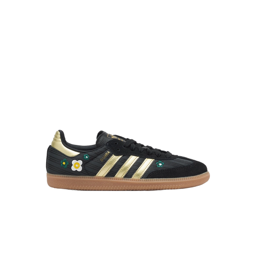Adidas Samba OG women's shoes, black with gold stripes and daisy patches, gum sole