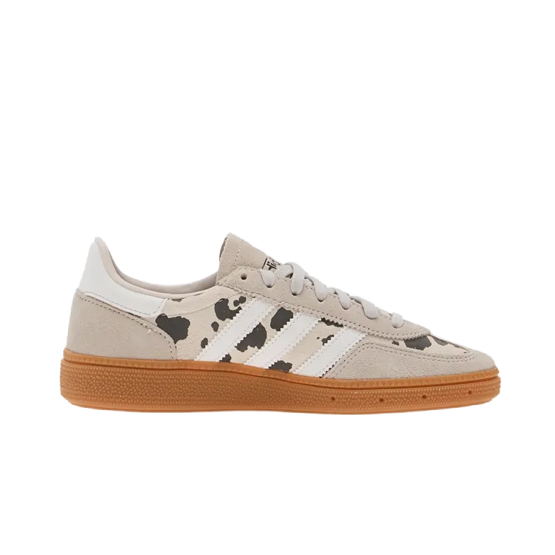 Kids' Adidas Handball Spezial sneakers, front view; grey upper, white stripes, gum sole.