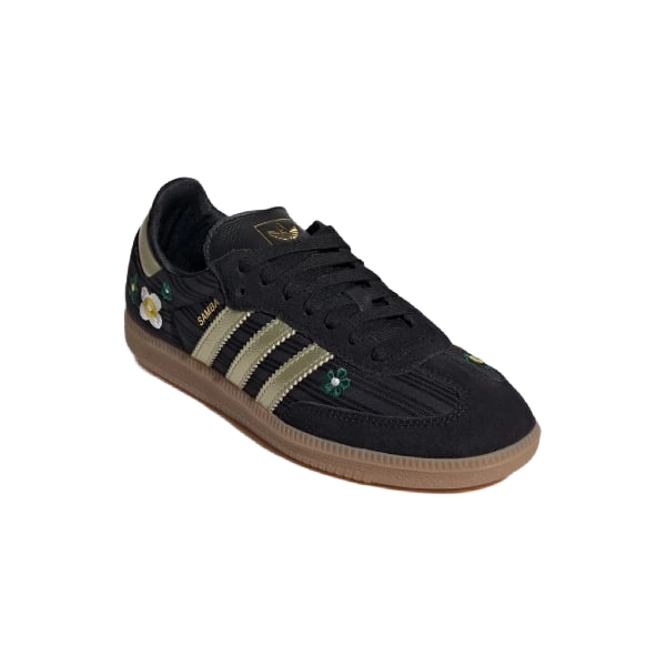 Adidas Samba OG women's shoes, black upper with gold stripes, gum sole, floral details