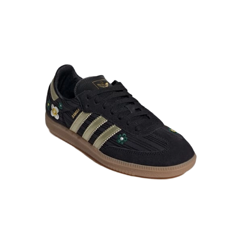 Adidas Samba OG women's shoes, black upper with gold stripes, gum sole, floral details