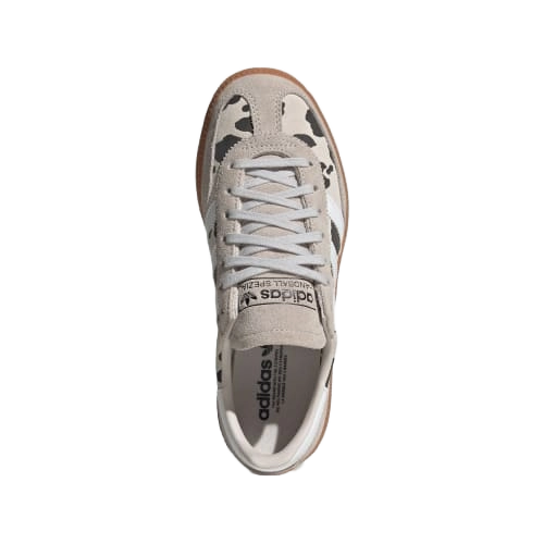 Kids' Adidas Handball Spezial sneaker heel-to-toe view; grey upper, gum underside.