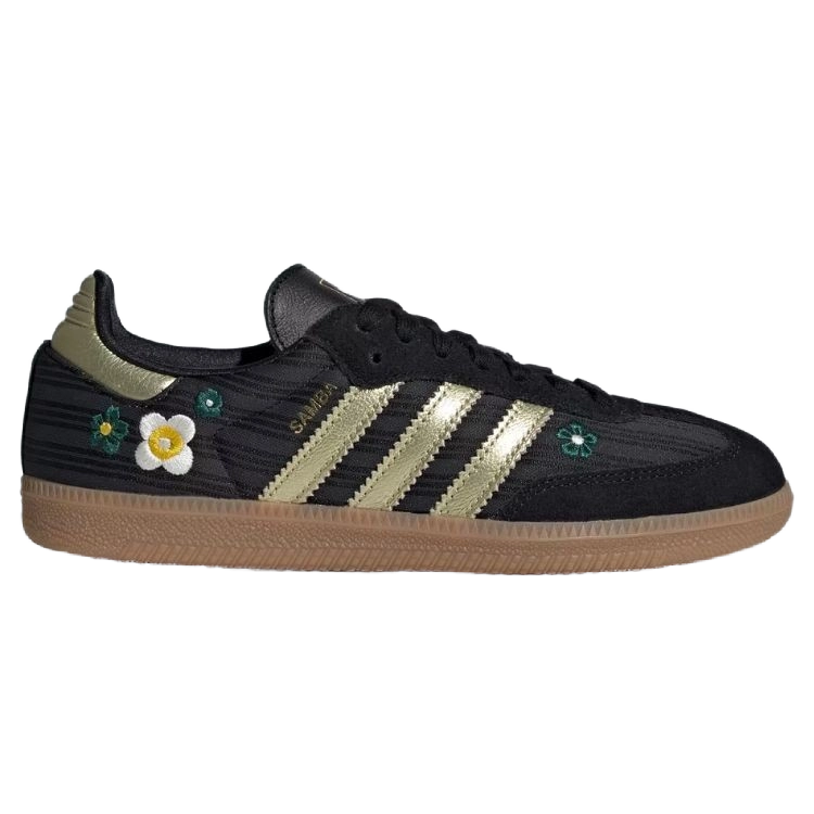 Adidas Samba OG shoes profile, black with gold stripes, daisy patches, gum sole