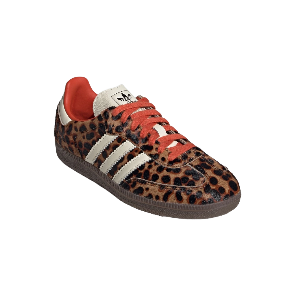 Side view of Adidas Samba OG leopard-print sneakers with red laces and white stripes