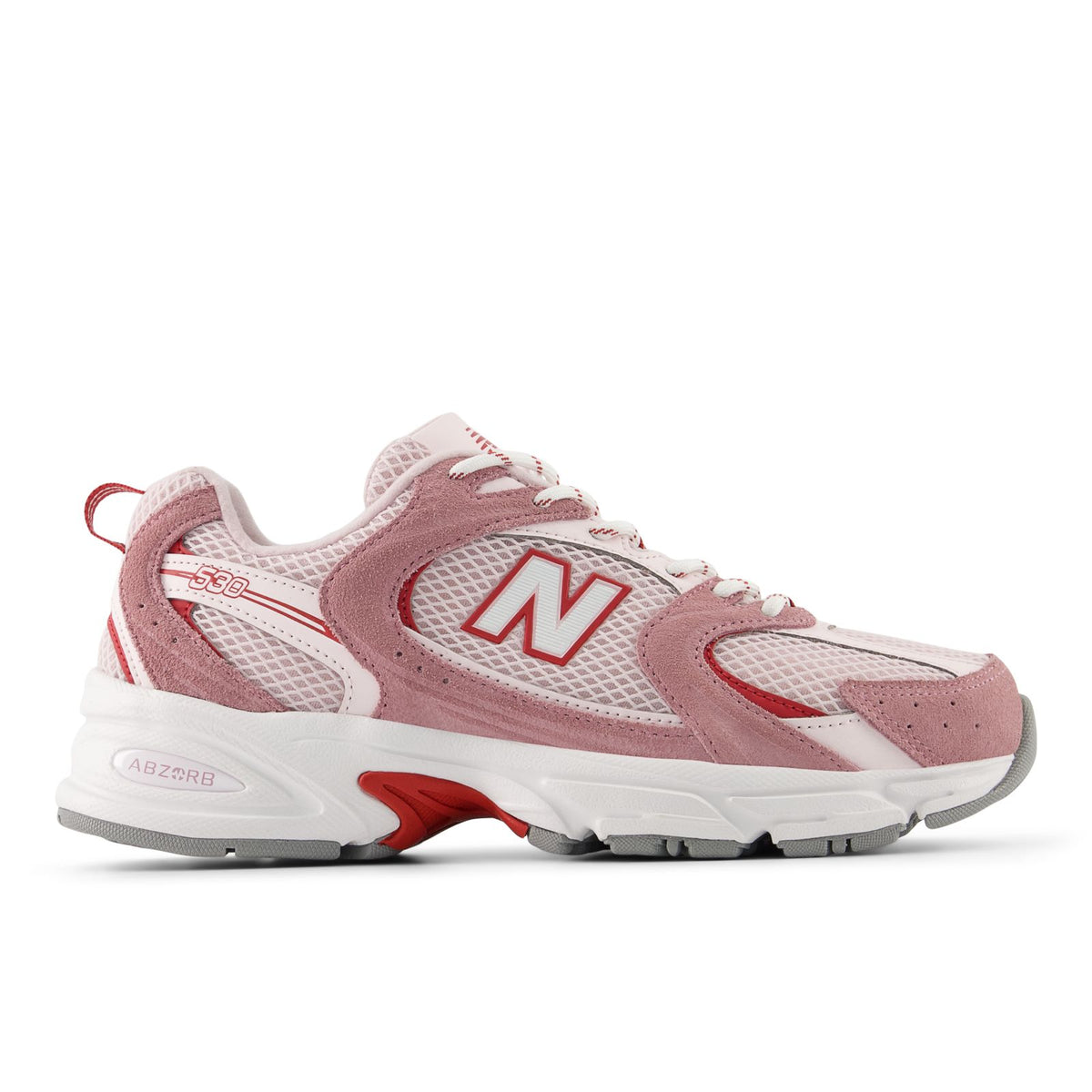 New Balance unisex 530 running shoes in rosewood, pink and red with N logo detail