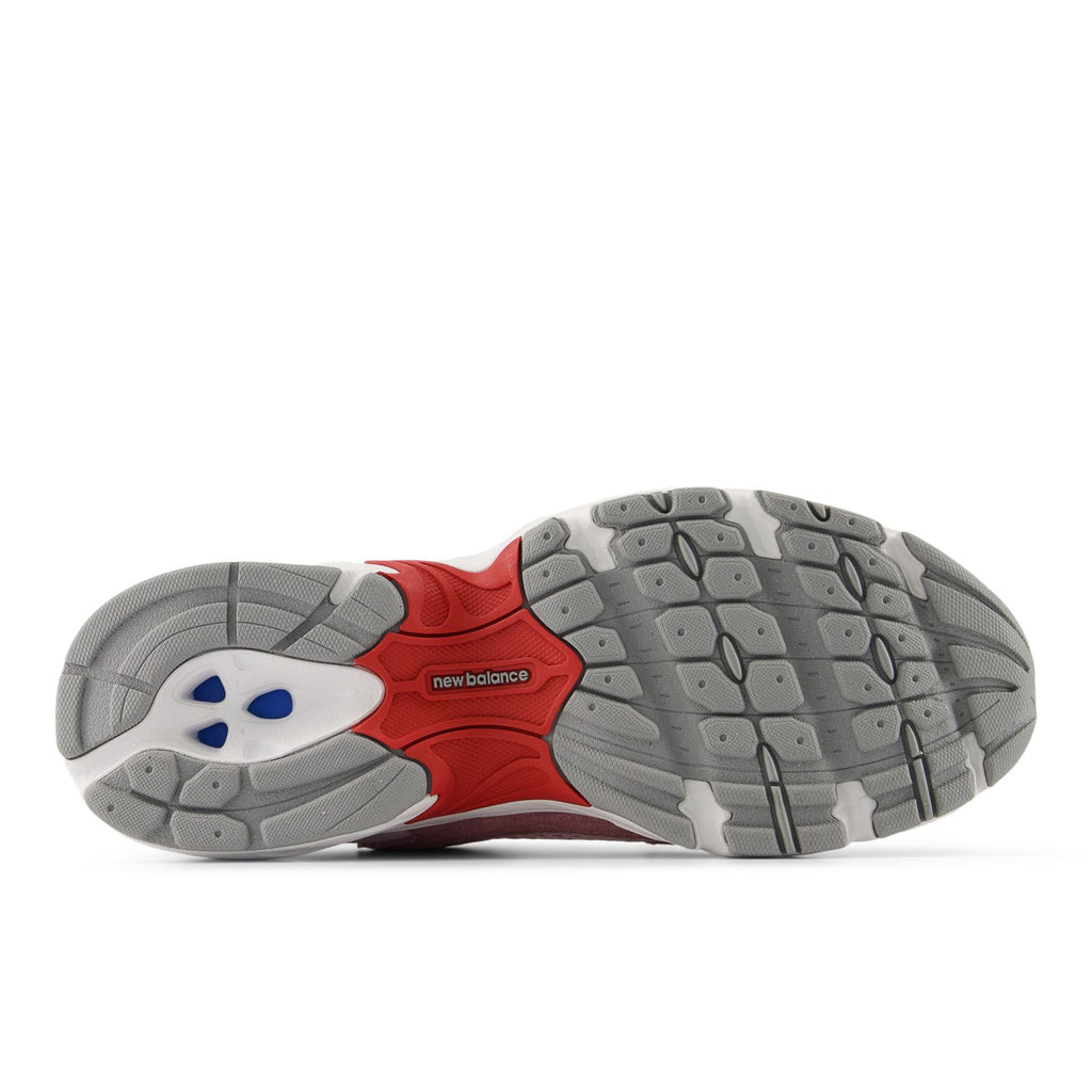 New Balance unisex 530 shoe outsole, gray tread with red and blue accents