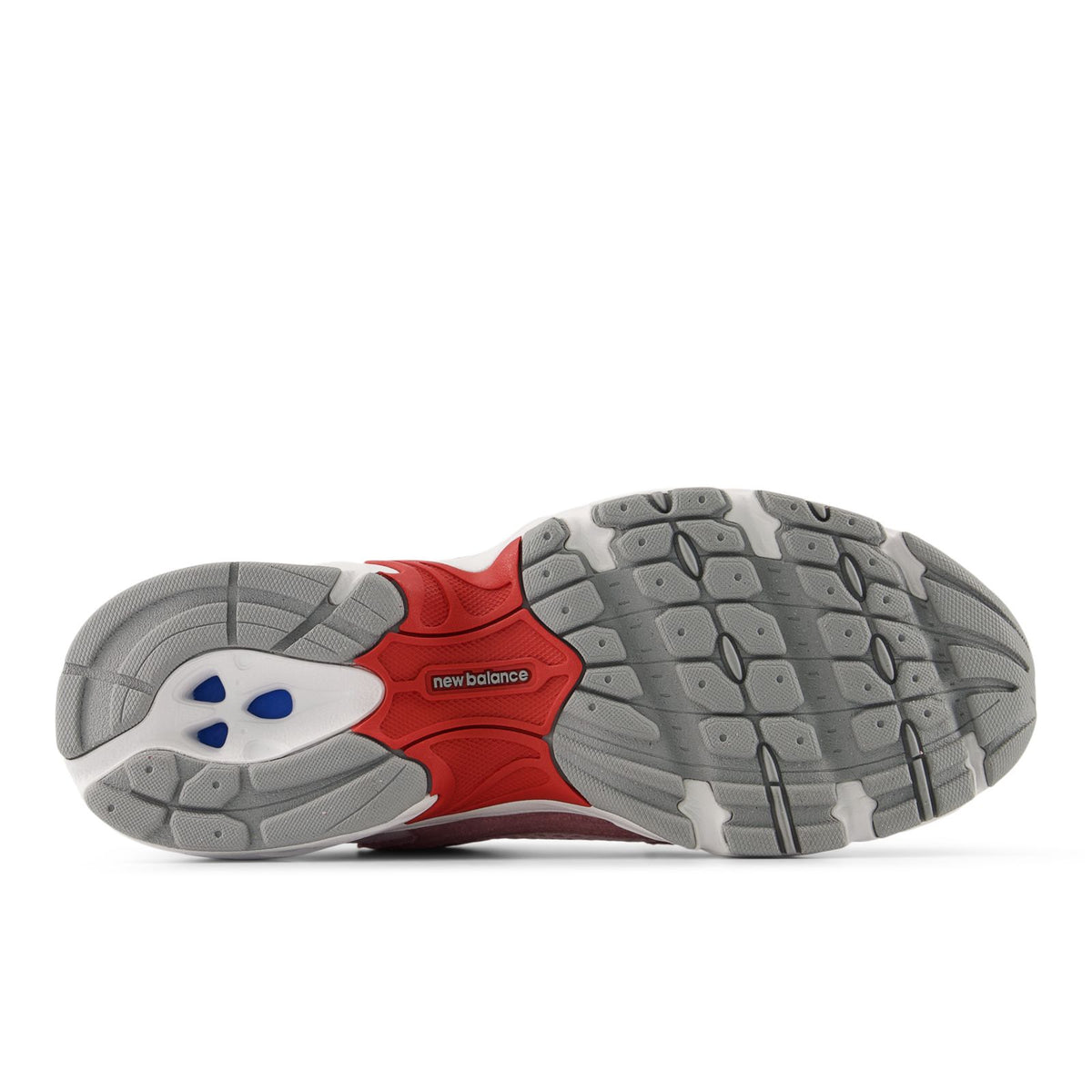 New Balance unisex 530 shoe outsole, gray tread with red and blue accents