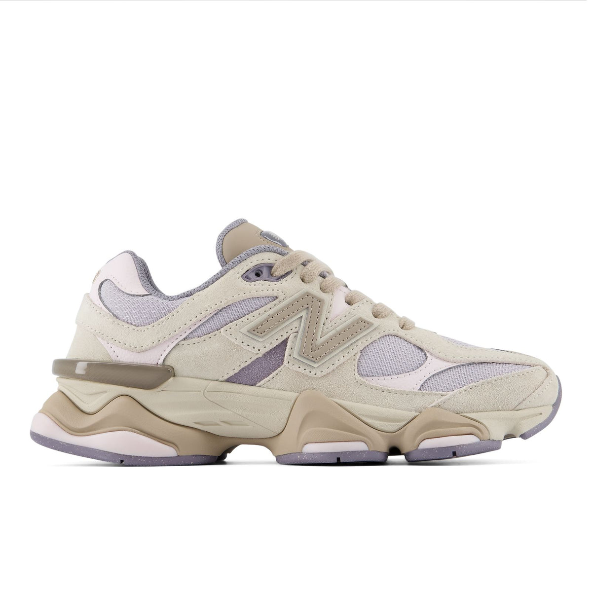 New Balance 9060 unisex sneakers in cream with lilac and beige panels, side view