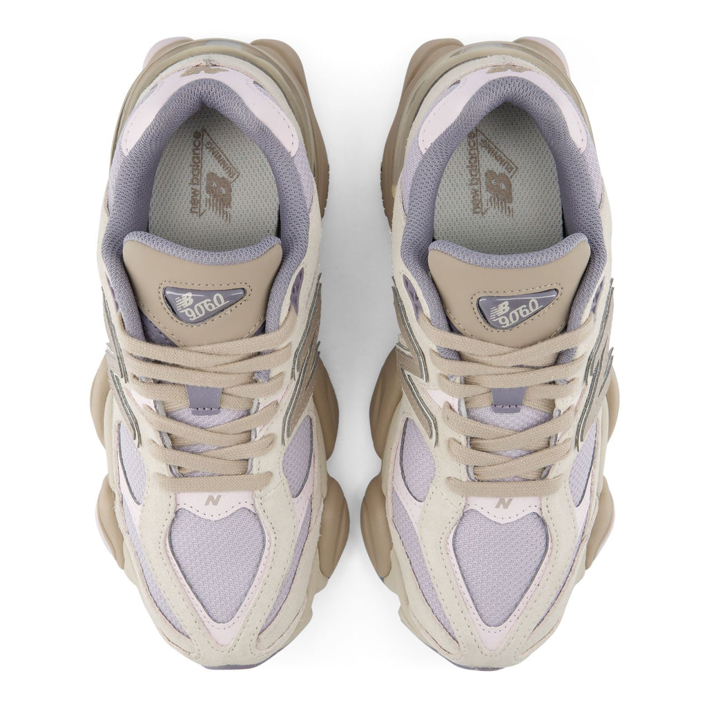 New Balance 9060 unisex sneakers, top-down view of laces and inner tongue labels
