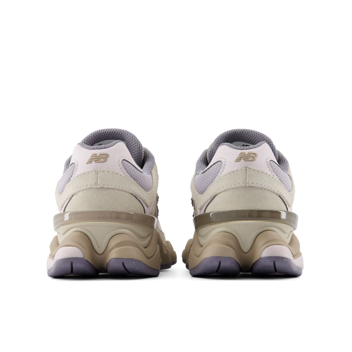 New Balance 9060 unisex sneakers, heel view with cream uppers and lilac trim