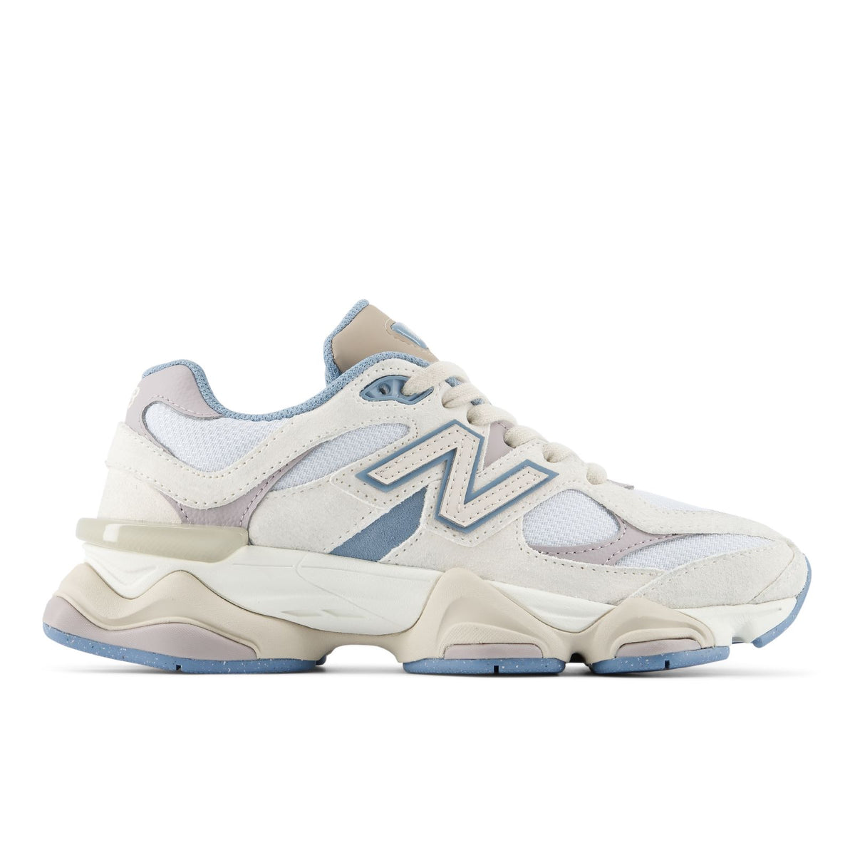 Colorblocked lace-up sneakers with blue panels, beige overlays, and chunky sole