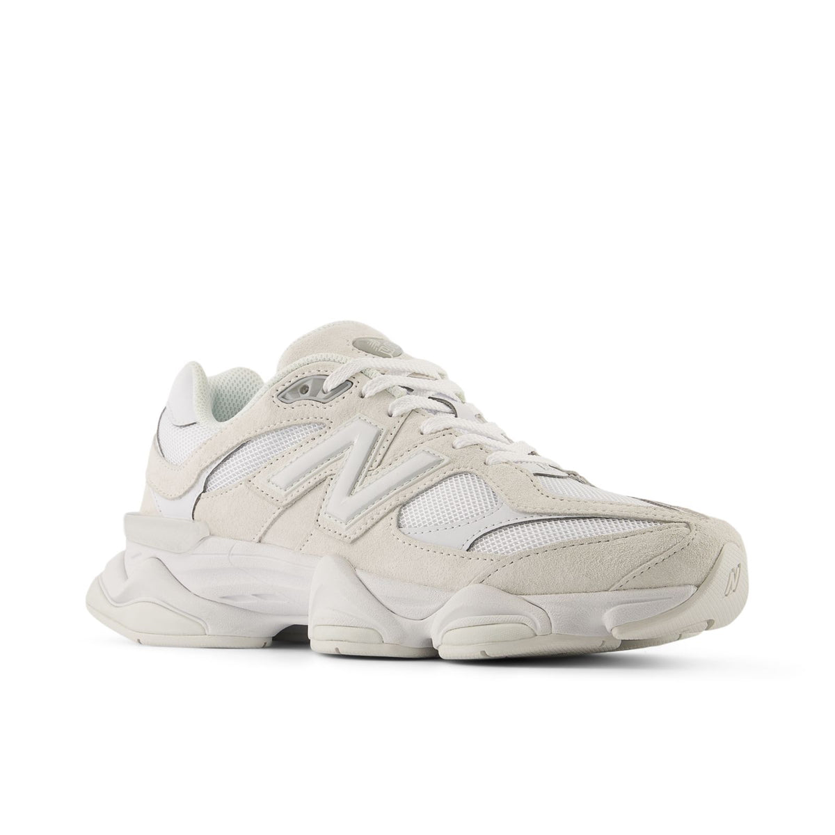 Light beige lace-up sneakers with mesh and suede panels, thick cushioned sole