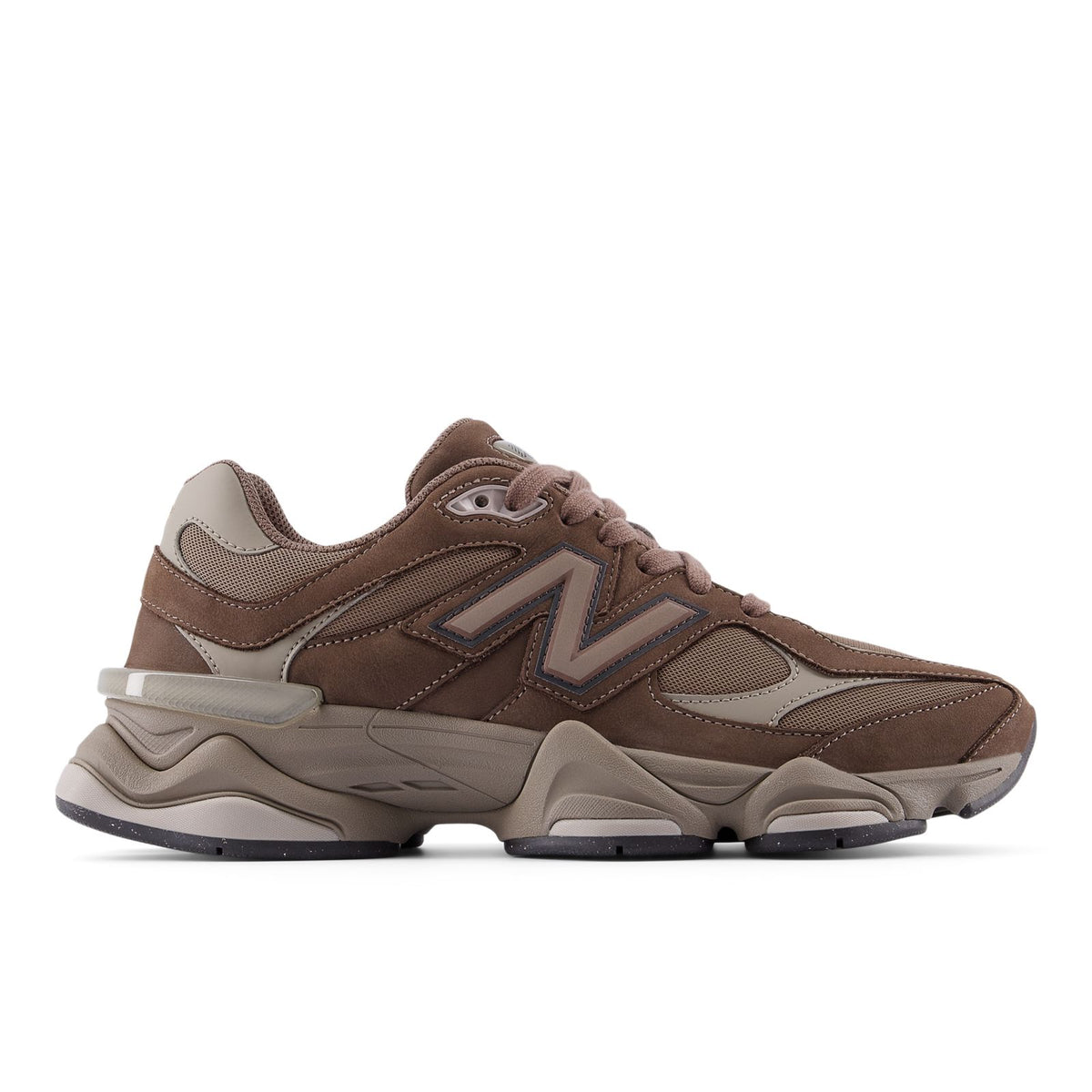 New Balance 9060 unisex sneakers, brown and beige, side profile with N logo