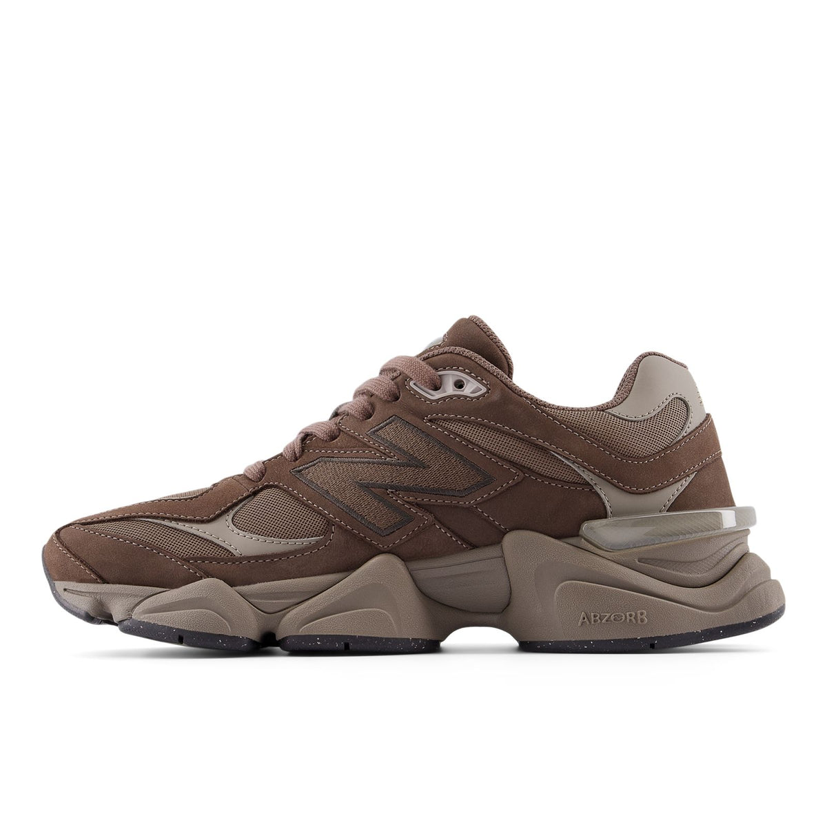 New Balance 9060 unisex sneakers, brown and beige, side/heel view with ABZORB