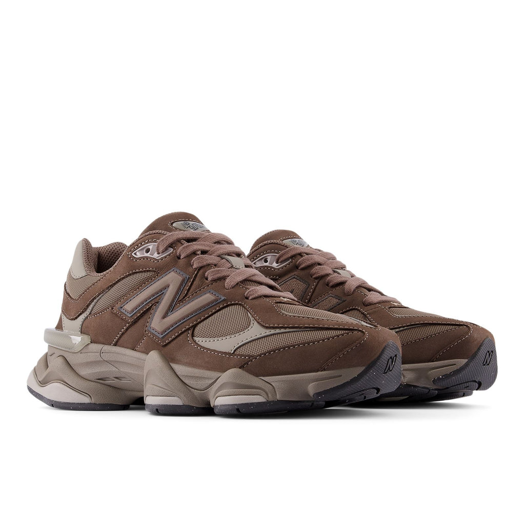New Balance 9060 unisex sneakers, brown and beige, front 3/4 view with laces