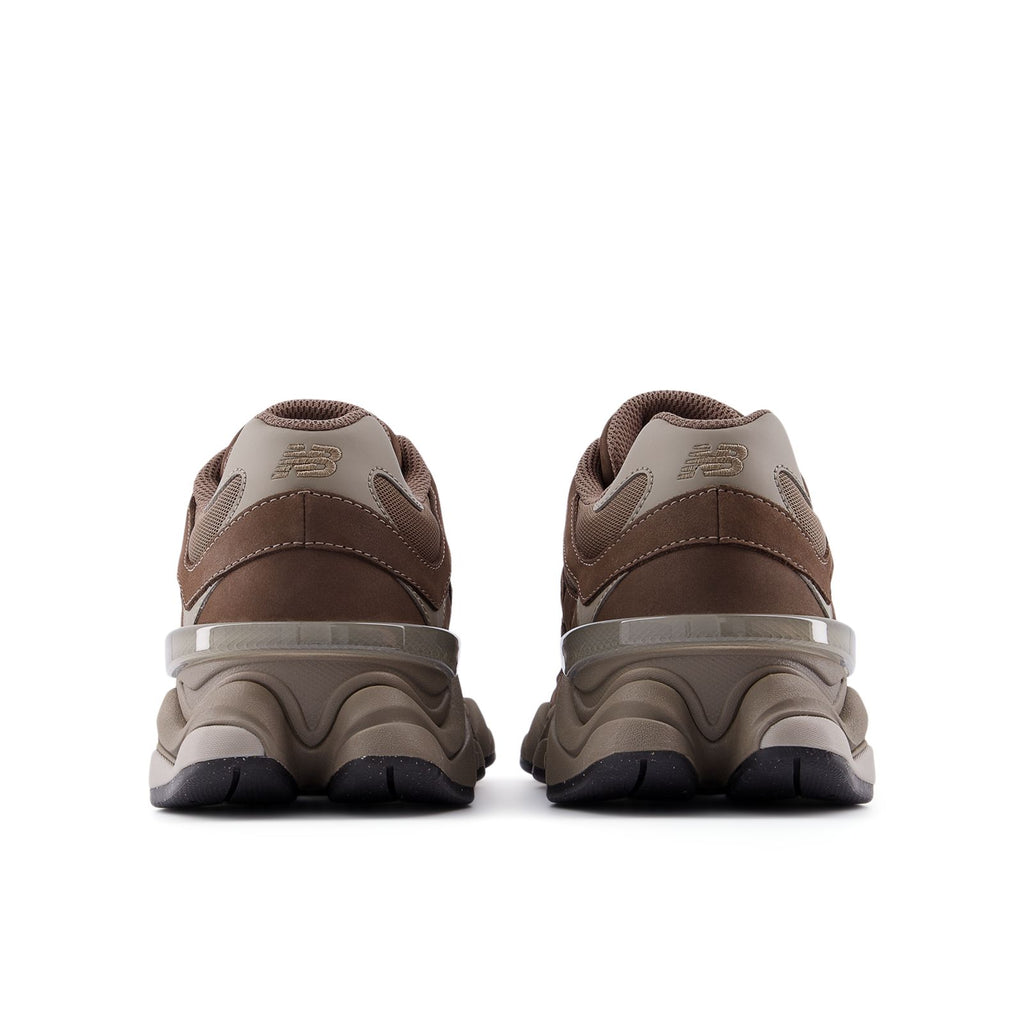New Balance 9060 unisex sneakers, back view, brown uppers with cushioned heel