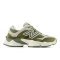 New Balance sneakers, side view, olive and white mesh with layered synthetic panels