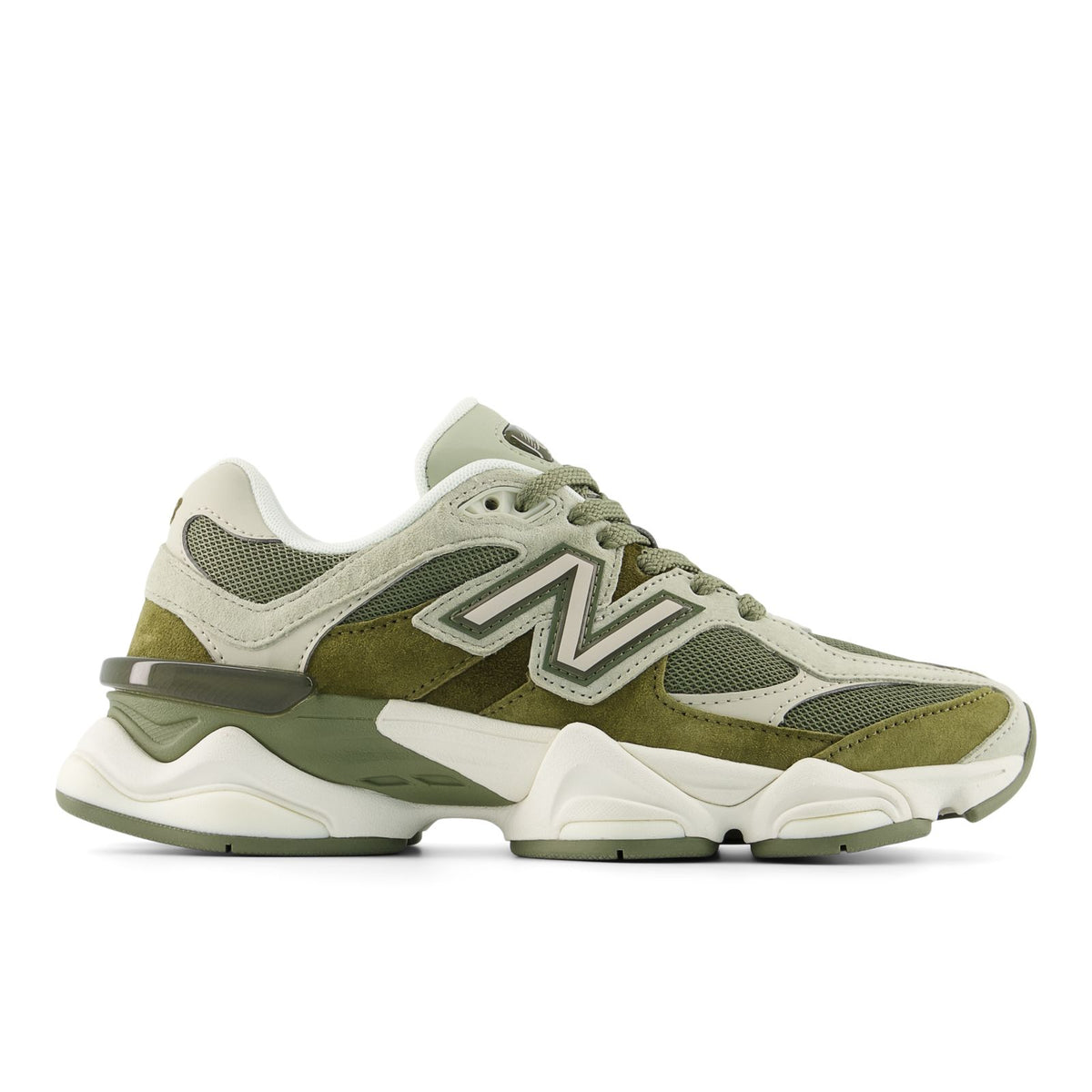 New Balance sneakers, side view, olive and white mesh with layered synthetic panels