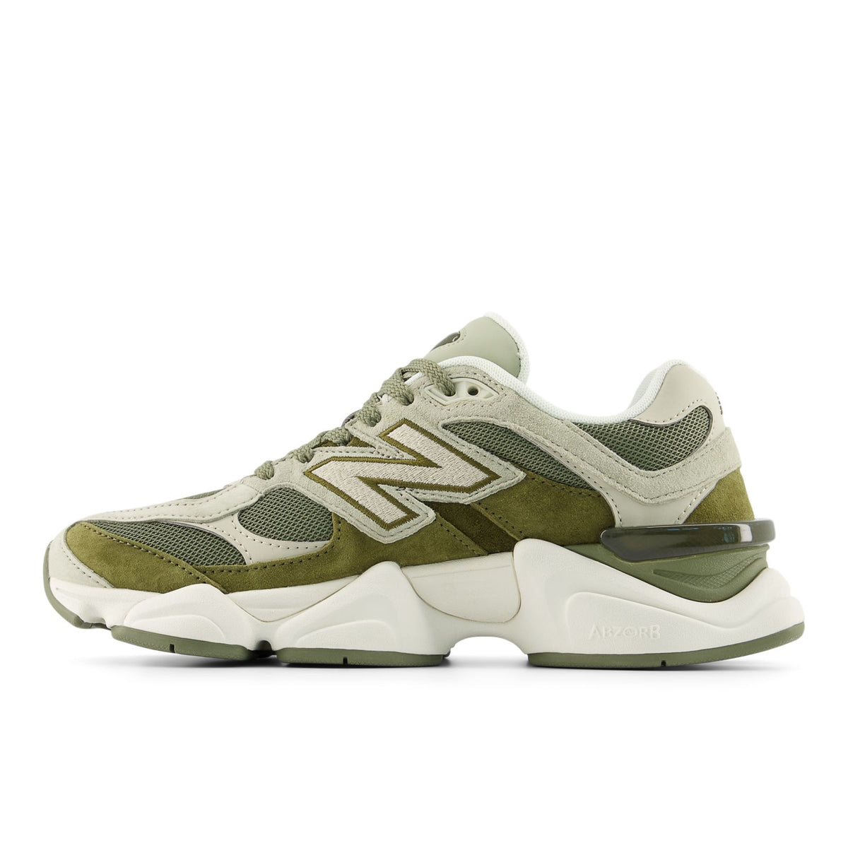 New Balance sneakers, three-quarter view, white and olive uppers with padded heel tab