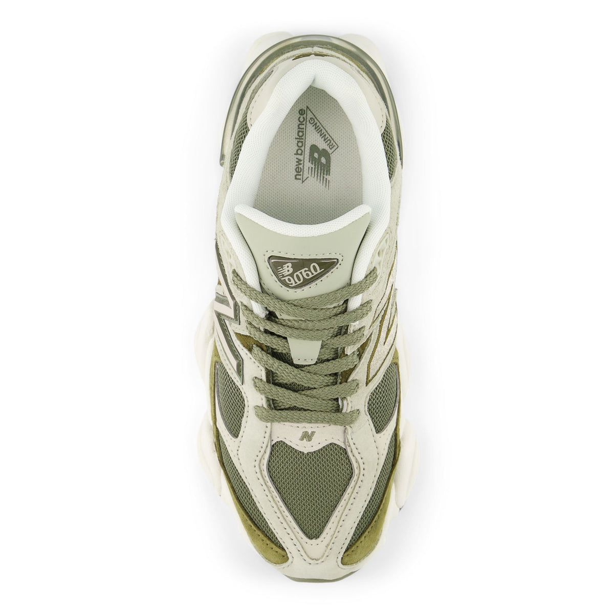 New Balance sneakers, top view, olive laces and branded insole lining