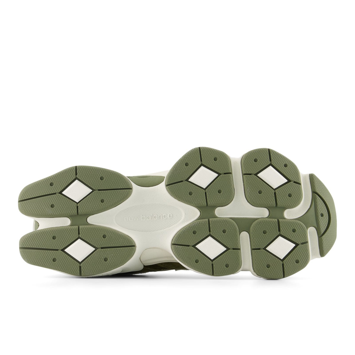 New Balance sneakers, underside view, olive rubber traction outsole and heel pods
