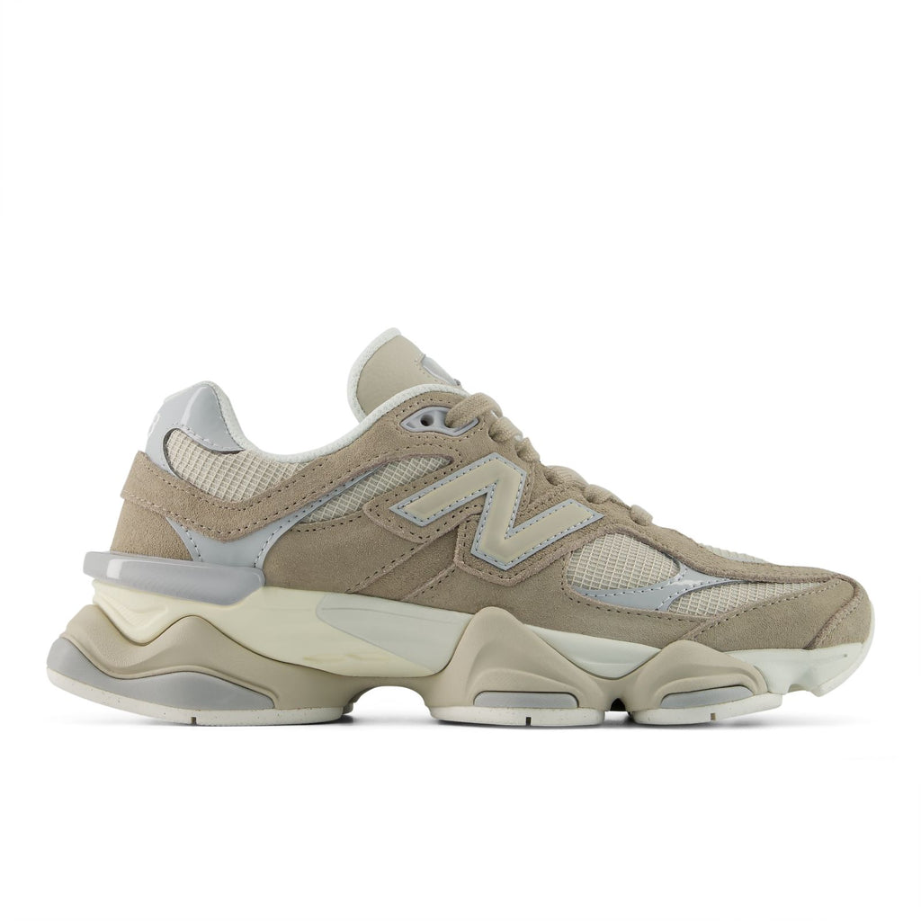 New Balance 9060 unisex running shoes in beige with light blue accents and chunky sole