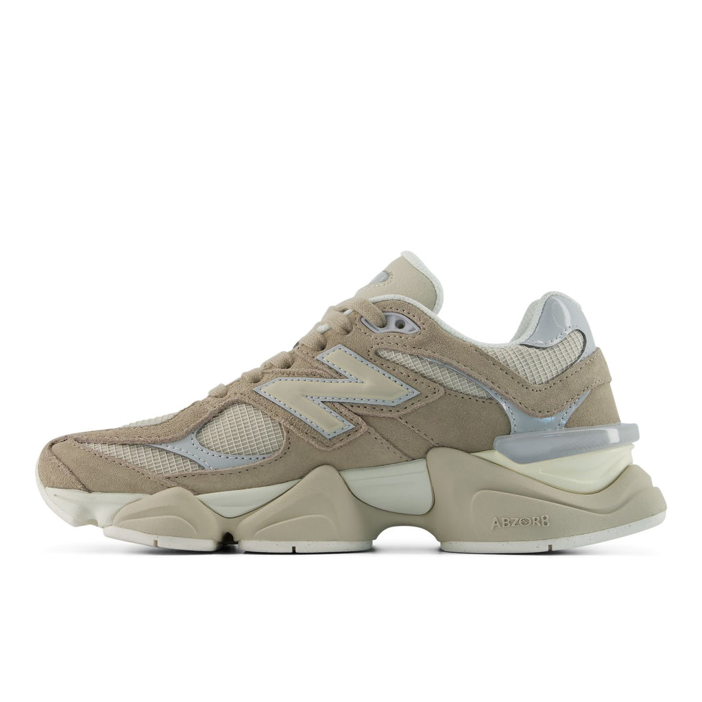 New Balance 9060 unisex lace-up shoes, beige uppers with light blue trim and ABZORB heel