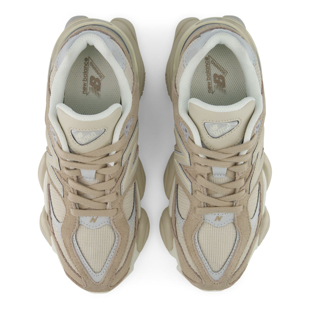 New Balance 9060 unisex shoes viewed from top, beige laces and mesh tongue panels