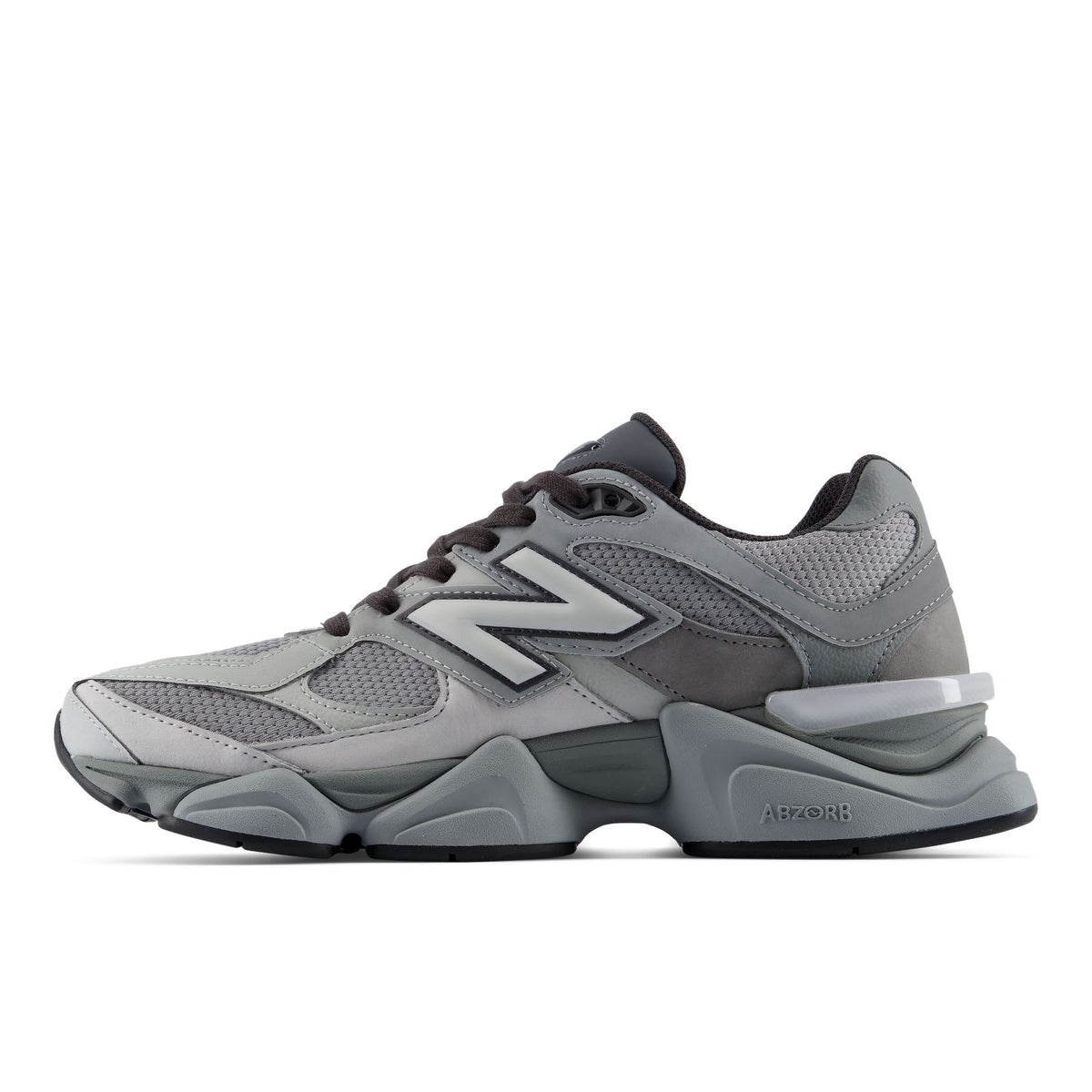 New Balance 9060 unisex shoes, heel and side view in slate/harbor grey with ABZORB