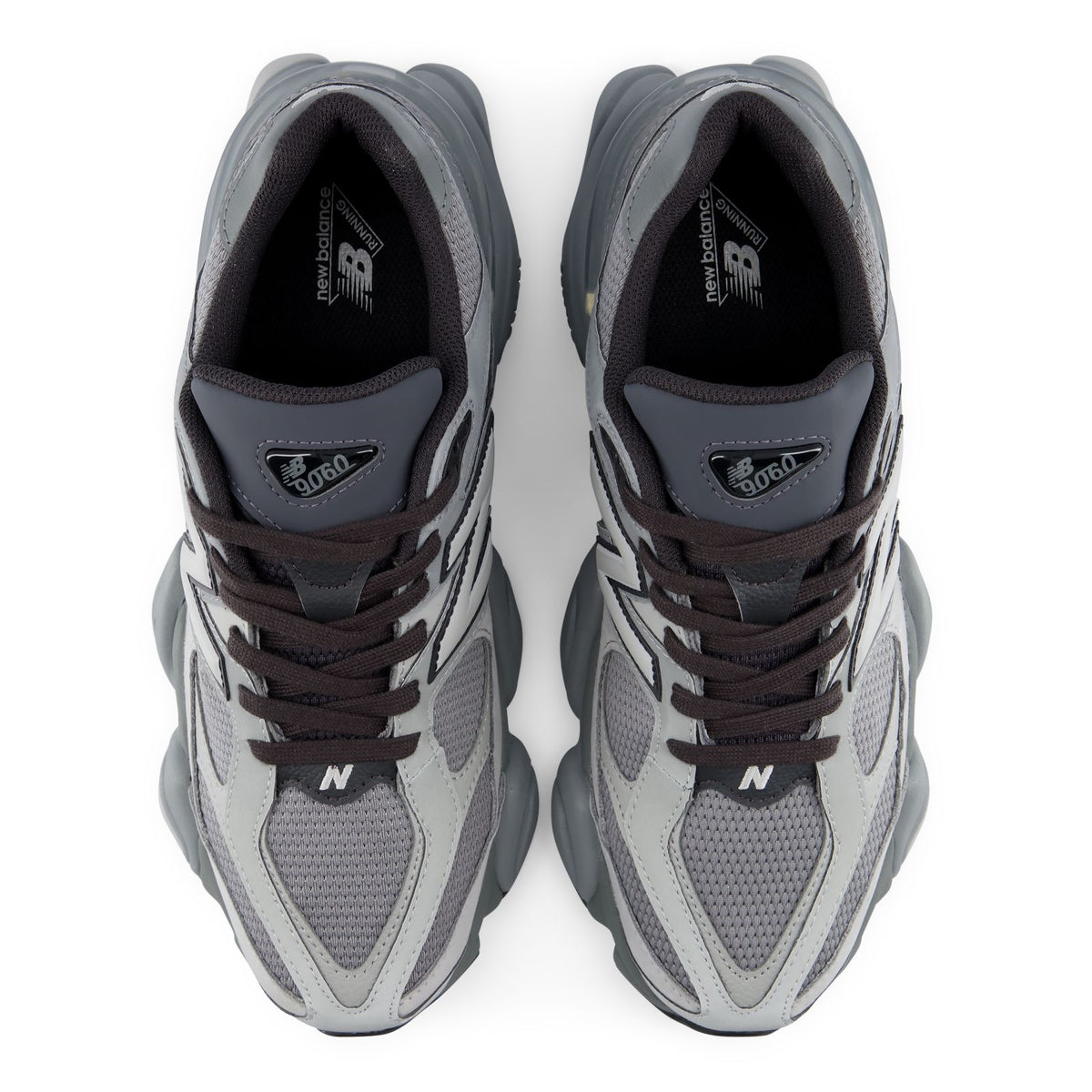 New Balance 9060 shoes, lace-up tongues and inner lining in grey with logo patches