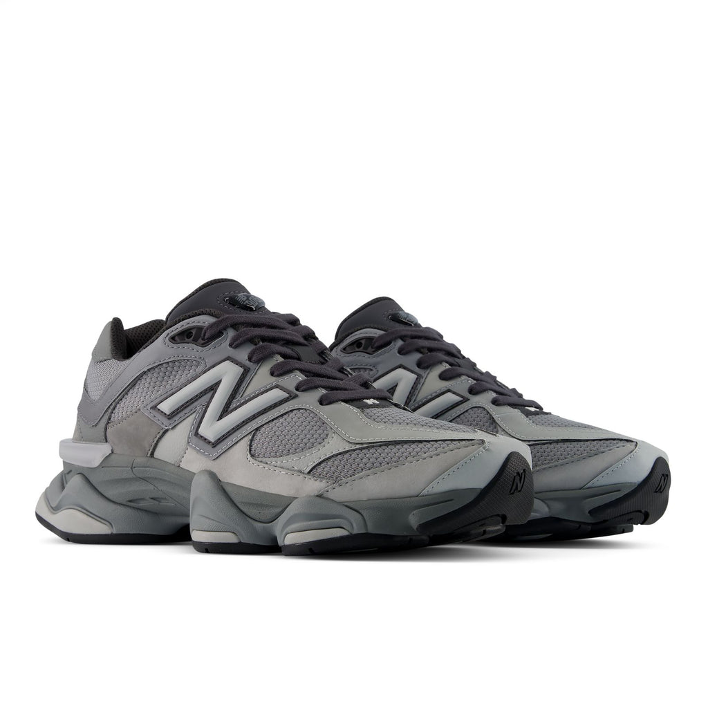 New Balance 9060 unisex shoes, side view in slate/harbor grey with N logo
