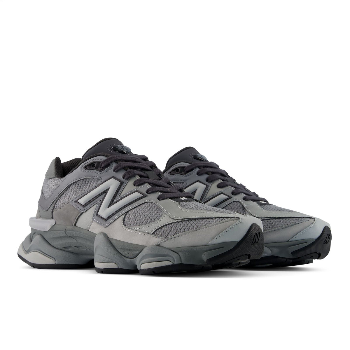 New Balance 9060 unisex shoes, side view in slate/harbor grey with N logo