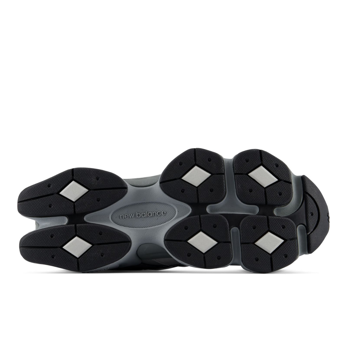 New Balance 9060 shoes, outsole view with multi-traction rubber in dark grey