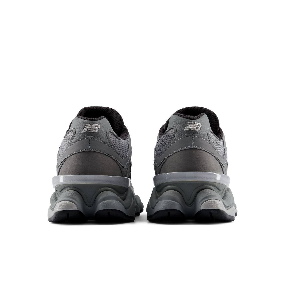New Balance 9060 shoes, rear view in grey/black with thick midsole and N logo