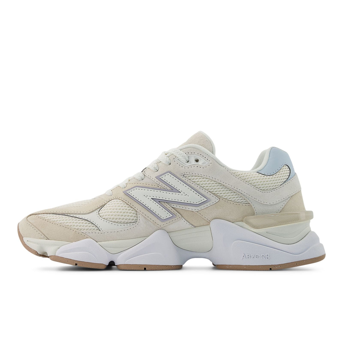 New Balance 9060 sneakers in bisque with light blue side panels and wavy midsole
