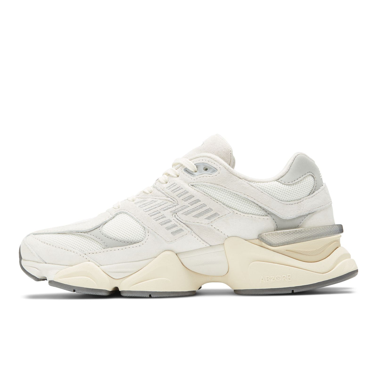 New Balance 9060 unisex sneakers, toe and side profile with cream layered midsole