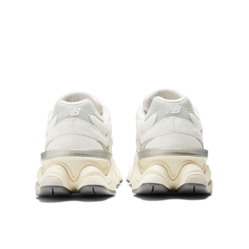 New Balance 9060 unisex sneakers, heel view with cushioned collars and beige outsole